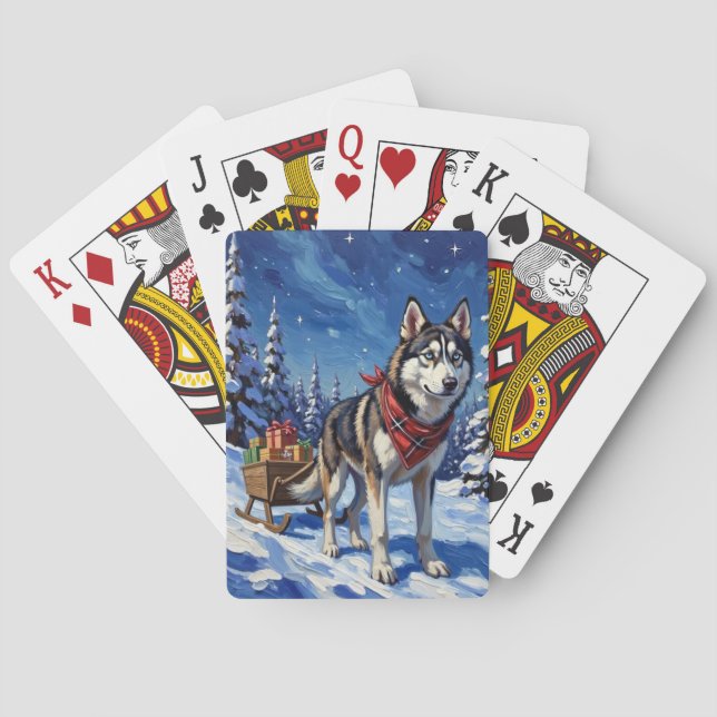 Majestic Siberian Husky Pulling Christmas Sled Poker Cards (Back)