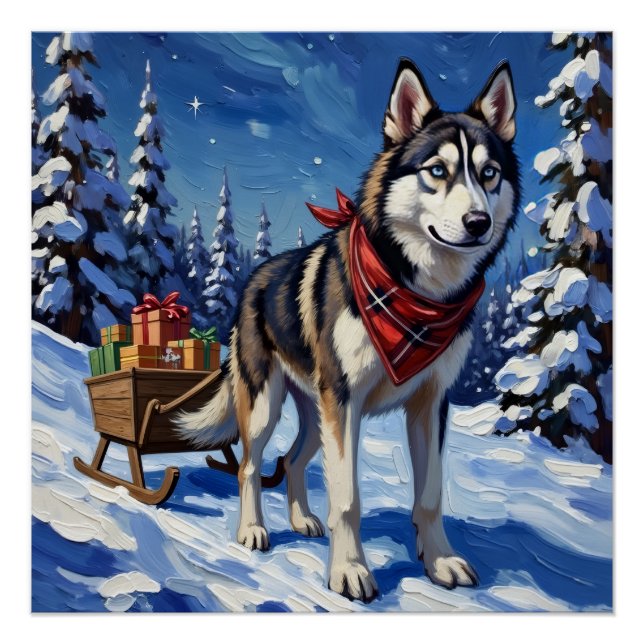 Majestic Siberian Husky Pulling Christmas Sled Poster (Front)