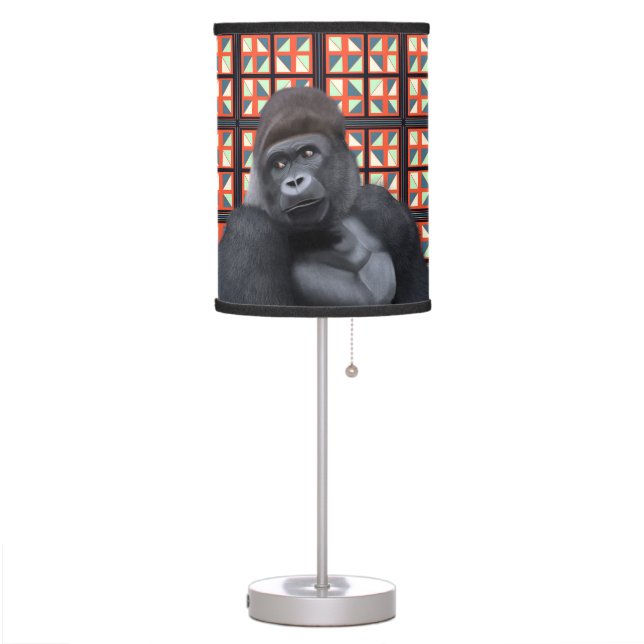 Majestic Sitting Gorilla On Red Geometric Wildlife Table Lamp (Left)