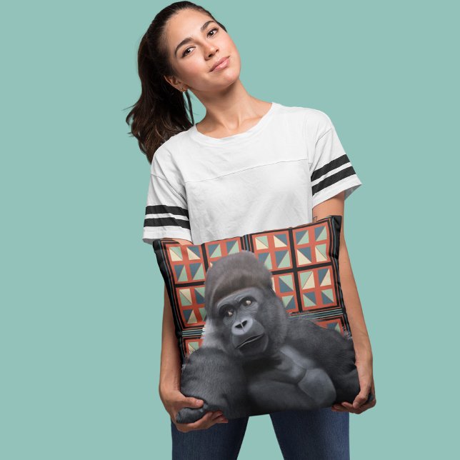 Majestic Sitting Gorilla On Red Geometric Wildlife Throw Pillow (Creator Uploaded)