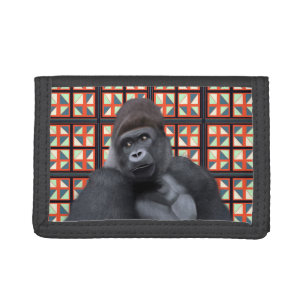 Majestic Sitting Gorilla On Red Geometric Wildlife Tri-fold Wallet