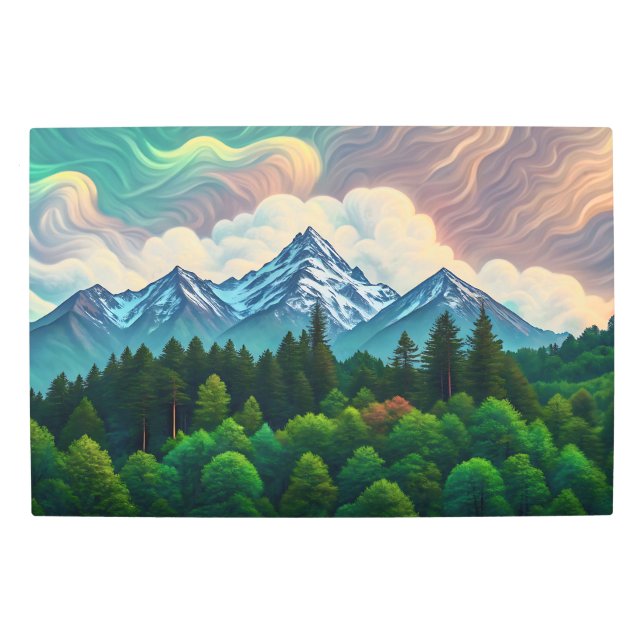 Majestic Snow-Capped Mountains over Lush Evergreen Metal Print (Front)