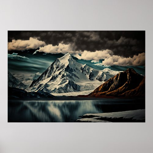 Majestic Snow Covered Mountain and Lake Ai Art Poster