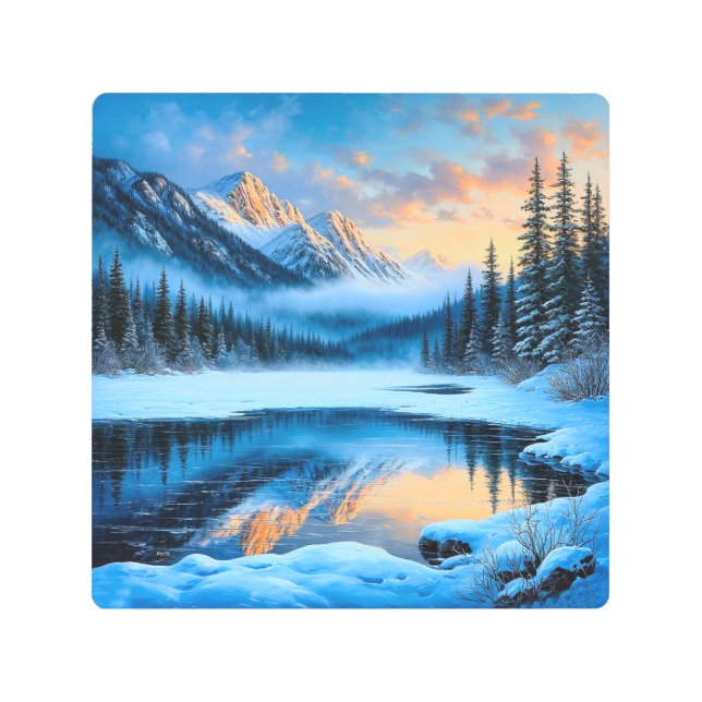Majestic Snow-Covered Mountains Reflecting Metal Print (Front)