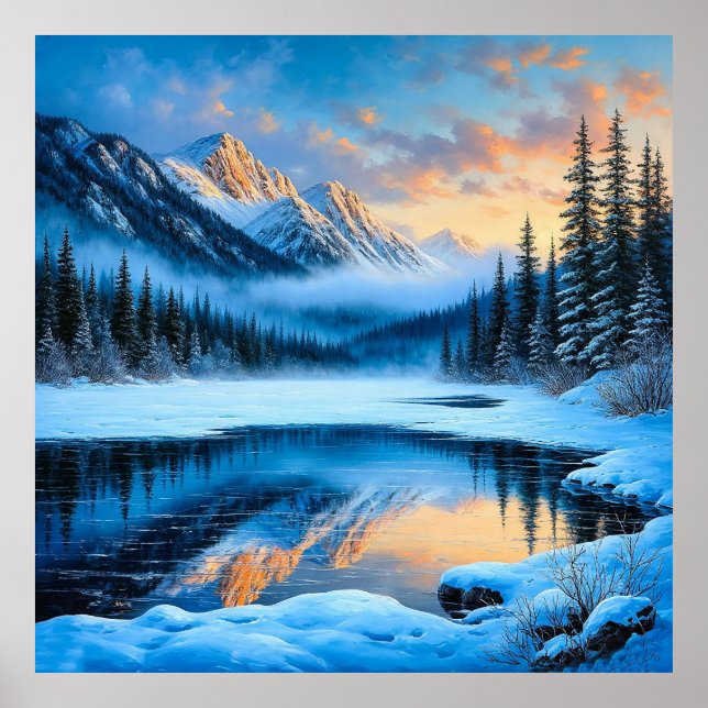 Majestic Snow-Covered Mountains Reflecting Poster (Front)