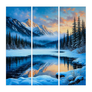 Majestic Snow-Covered Mountains Reflecting Triptych