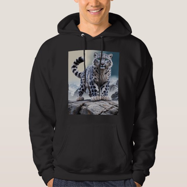 Majestic Snow Leopard on Rocky Cliff Hoodie (Front)
