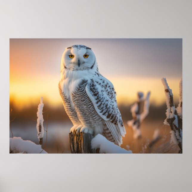 Majestic Snowy Owl Perched on a Tree Branch Poster (Front)