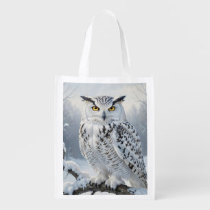 Majestic Snowy Owl Winter Scene Grocery Bag
