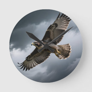 Majestic Soaring Hawk Storm Clouds Round Clock