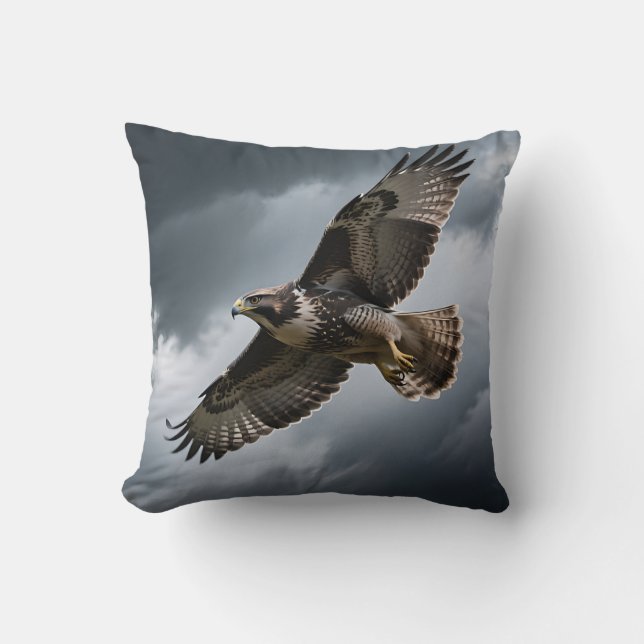 Majestic Soaring Hawk Storm Clouds Throw Pillow (Front)