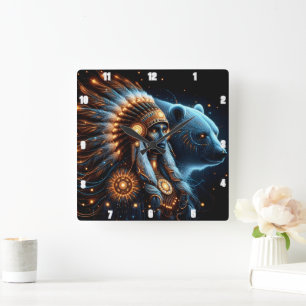 Majestic Spirit of the Bear and the Warrior Woman Square Wall Clock