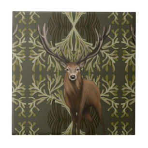 Majestic Stag Abstract Green Forest  Ceramic Tile