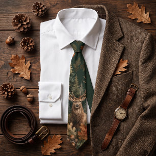 Majestic Stag Deer & Pine Forest Green Men's Neck Tie
