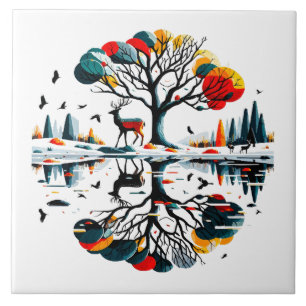 Majestic Stag in Snowy Winter Forest Ceramic Tile