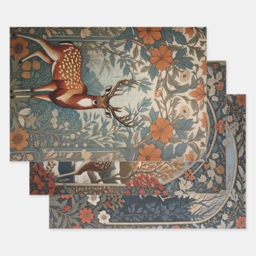 Majestic Stag William Morris Inspired Floral Wrapping Paper Sheets