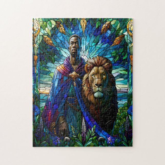Majestic Stained Glass Man with Lion Jigsaw Puzzle (Vertical)