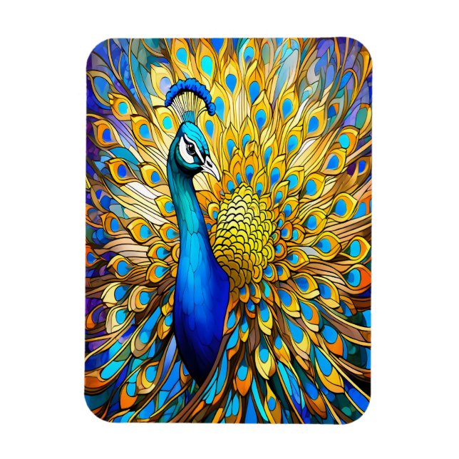 Majestic Stained Glass Peacock Art Nouveau Style Magnet (Vertical)