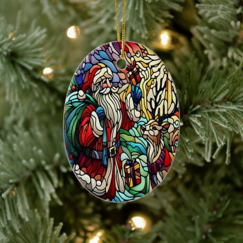 Majestic Stained Glass Santa and Reindeer Ceramic Ornament