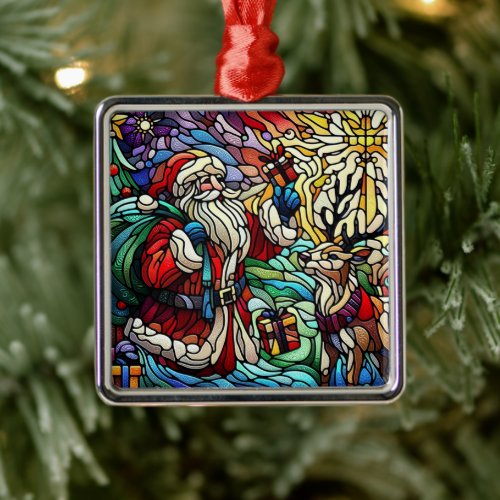 Majestic Stained Glass Santa and Reindeer Metal Ornament
