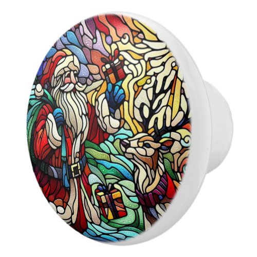 Majestic Stained Glass Santa and Reindeerts Ceramic Knob