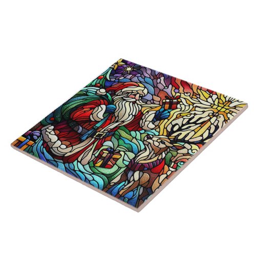 Majestic Stained Glass Santa and Reindeerts Ceramic Tile