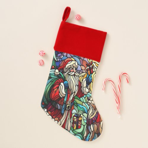Majestic Stained Glass Santa and Reindeerts Christmas Stocking