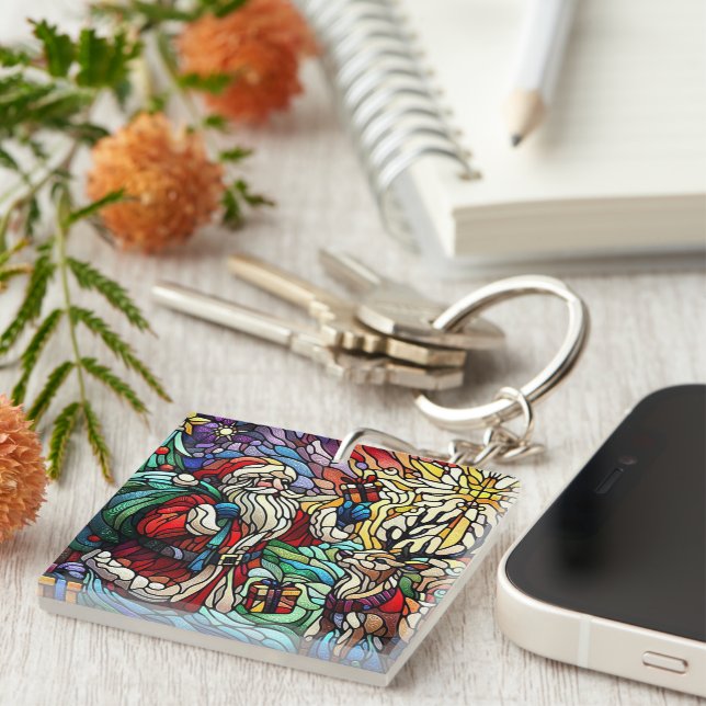 Majestic Stained Glass Santa and Reindeerts Keychain (Front Right)