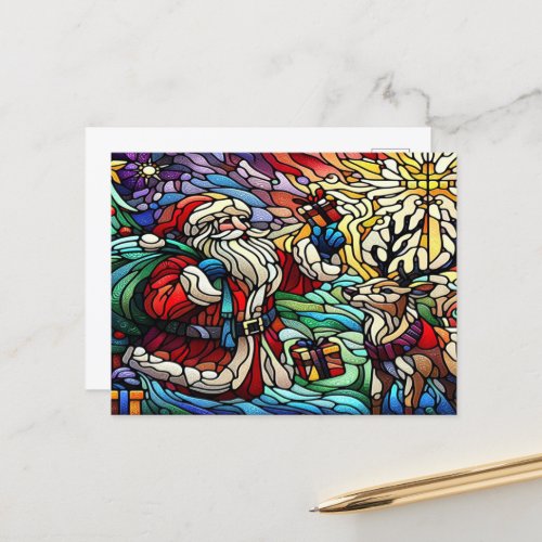 Majestic Stained Glass Santa and Reindeerts Postcard