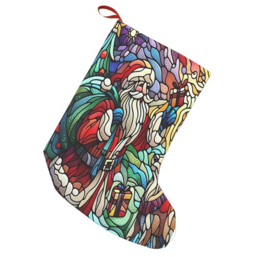 Majestic Stained Glass Santa and Reindeerts Small Christmas Stocking