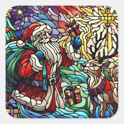 Majestic Stained Glass Santa and Reindeerts Square Sticker