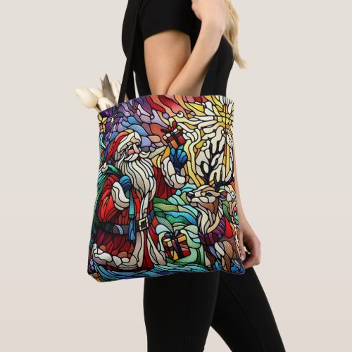 Majestic Stained Glass Santa and Reindeerts Tote Bag