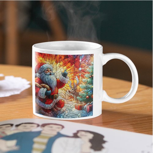 Majestic Stained Glass Santa and Reindeerts Two_Tone Coffee Mug