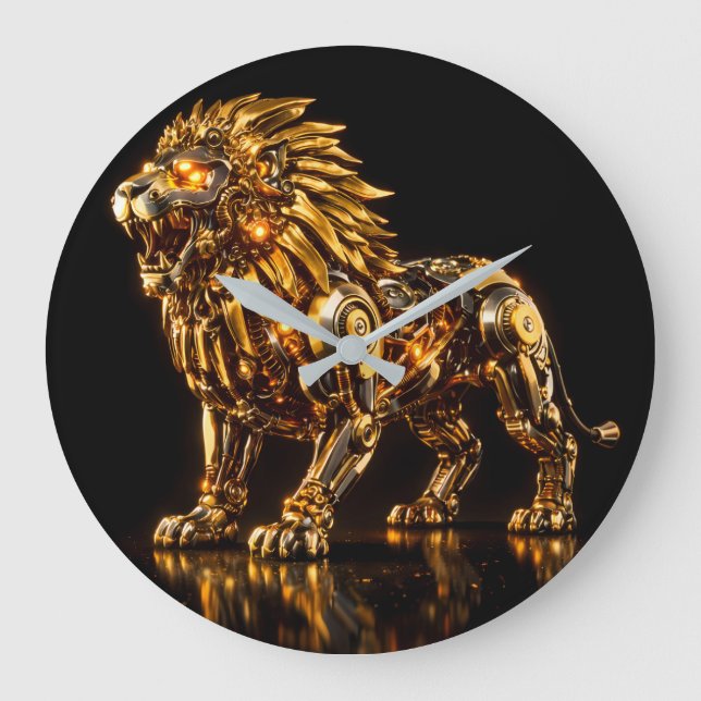 Majestic Steampunk Gold Lion Wall Clock (Front)
