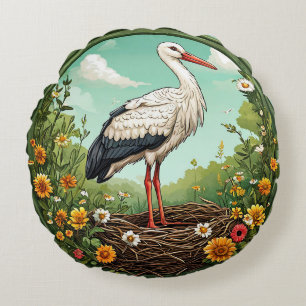 Majestic Stork Resting in a Colorful Spring Nest Round Pillow
