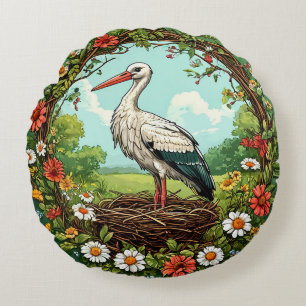 Majestic Stork Resting in a Colorful Spring Nest Round Pillow