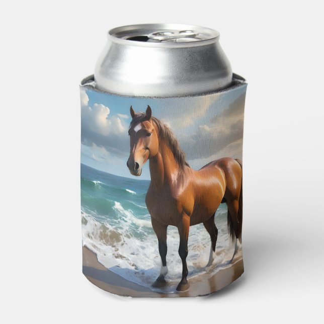 **"Majestic Stride: Proud Brown Horse on the Beach Can Cooler (Can Front)