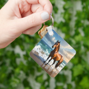 **"Majestic Stride: Proud Brown Horse on the Beach Keychain