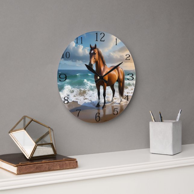 **"Majestic Stride: Proud Brown Horse on the Beach Large Clock (Office)