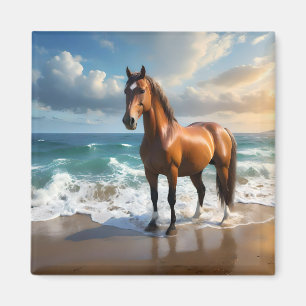 **"Majestic Stride: Proud Brown Horse on the Beach Magnet
