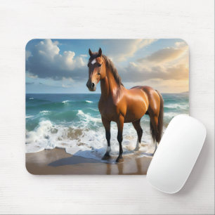 **"Majestic Stride: Proud Brown Horse on the Beach Mouse Pad
