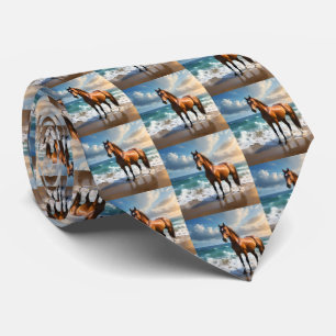 **"Majestic Stride: Proud Brown Horse on the Beach Neck Tie