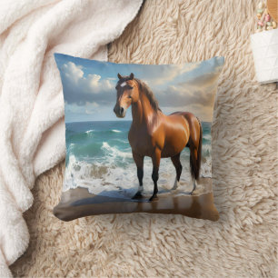 **"Majestic Stride: Proud Brown Horse on the Beach Throw Pillow