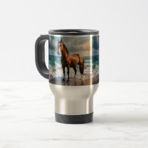 **"Majestic Stride: Proud Brown Horse on the Beach Travel Mug
