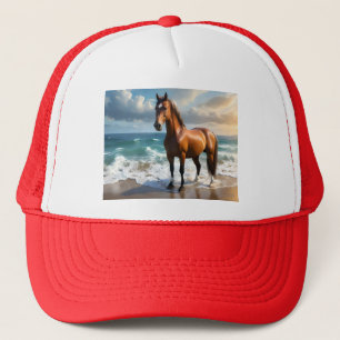 **"Majestic Stride: Proud Brown Horse on the Beach Trucker Hat