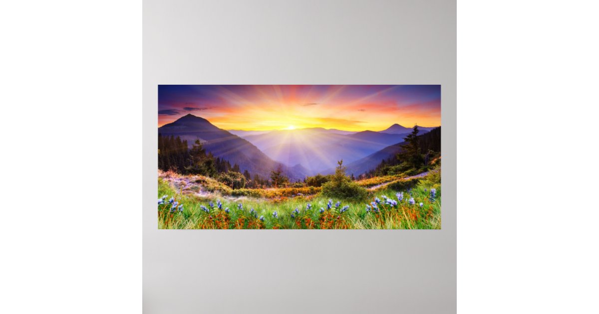 Majestic sunset in the mountains landscape poster | Zazzle