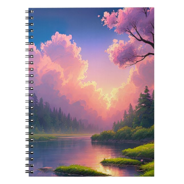 Majestic Sunset over the Green Riverbank Notebook (Front)