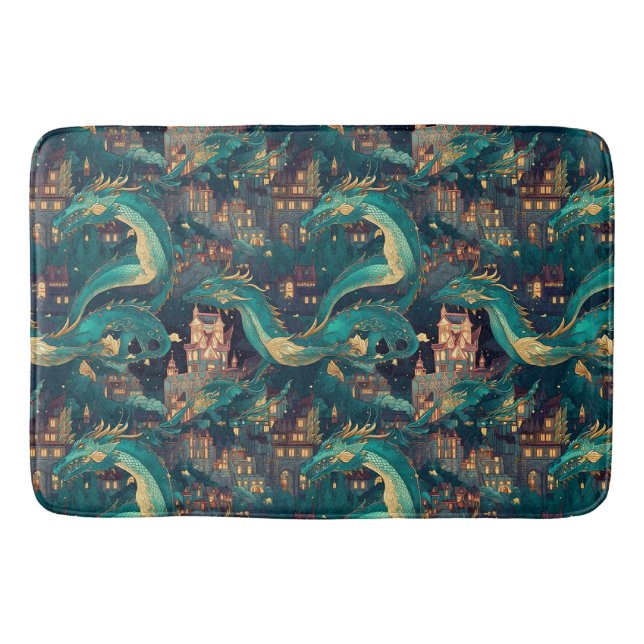 Majestic Teal Dragons and Village Bath Mat (Front)