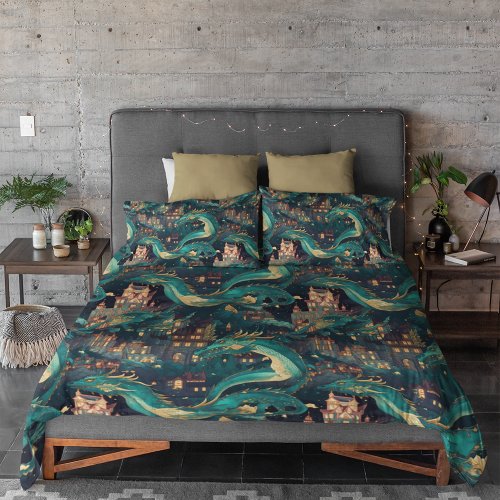 Majestic Teal Dragons and Village Duvet Cover