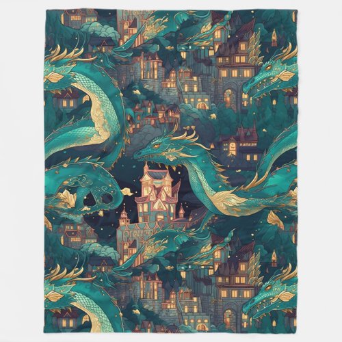 Majestic Teal Dragons and Village Fleece Blanket